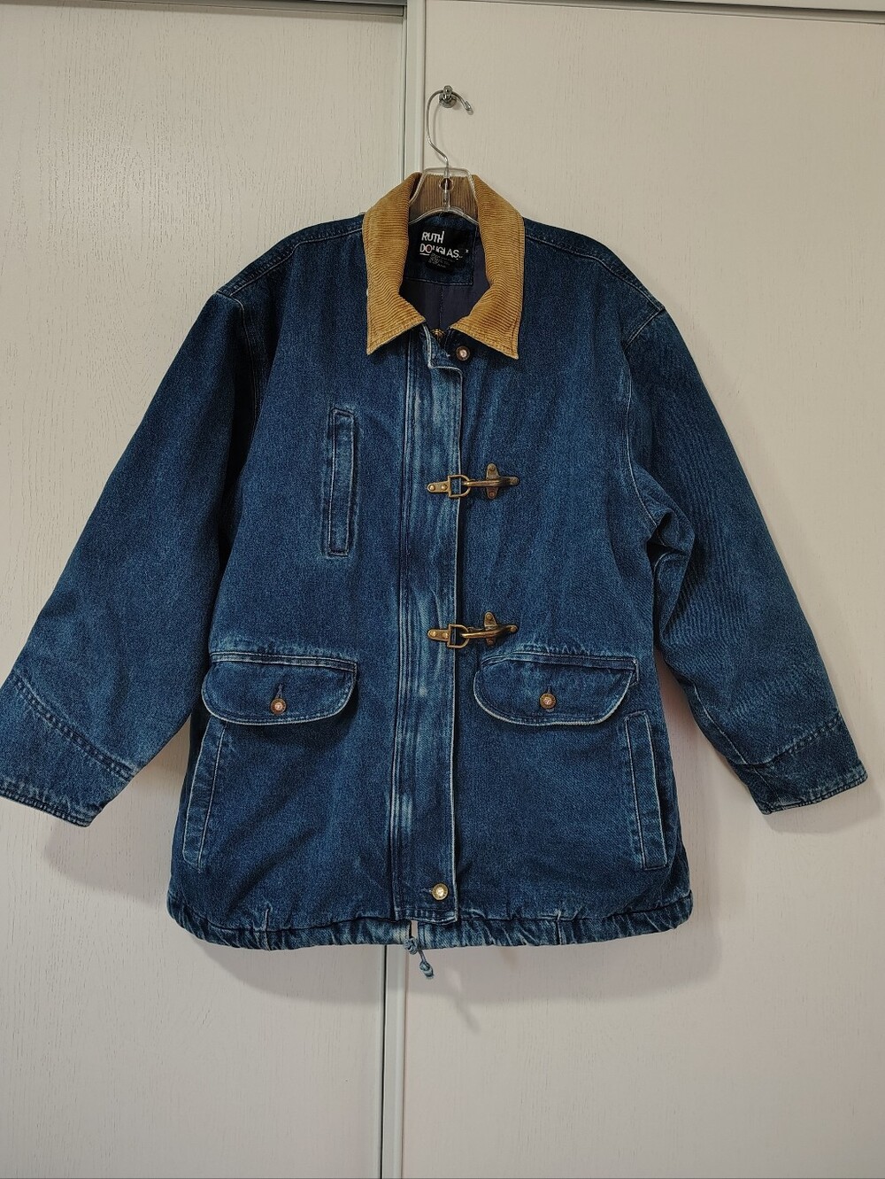 RUTH DOUGLAS Denim Parka Fireman Style Jacket Contrast Corduroy Collar VINTAGE